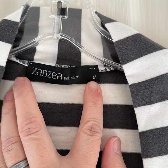 Zanzea grey and white striped jersey cardigan with suede elbow patches (M). - Picture 4 of 5